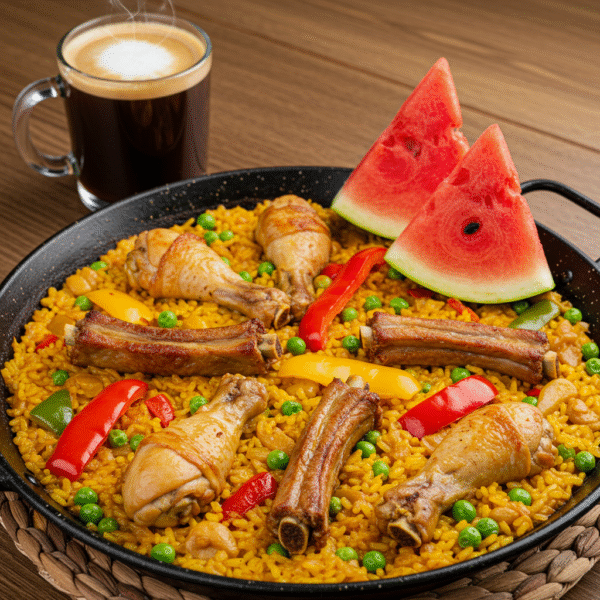 Paella con costilla y pollo + sandía + café o bebida vegetal